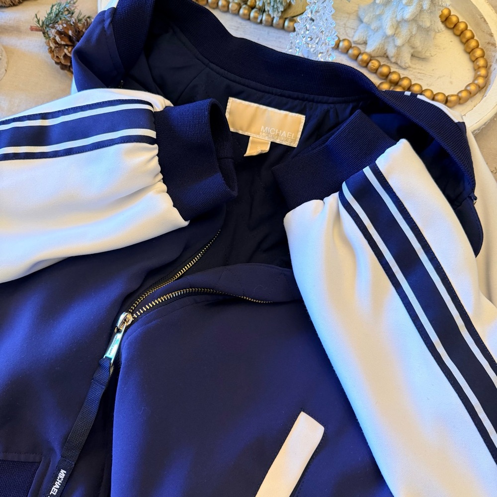 SET!! MICHAEL KORS Navy Blue White Track Jumpsuit Jacket Striped Break Away Pant - Picture 14 of 16